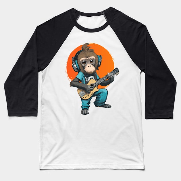 Monkey with headphone plays the guitar Baseball T-Shirt by ReaBelle